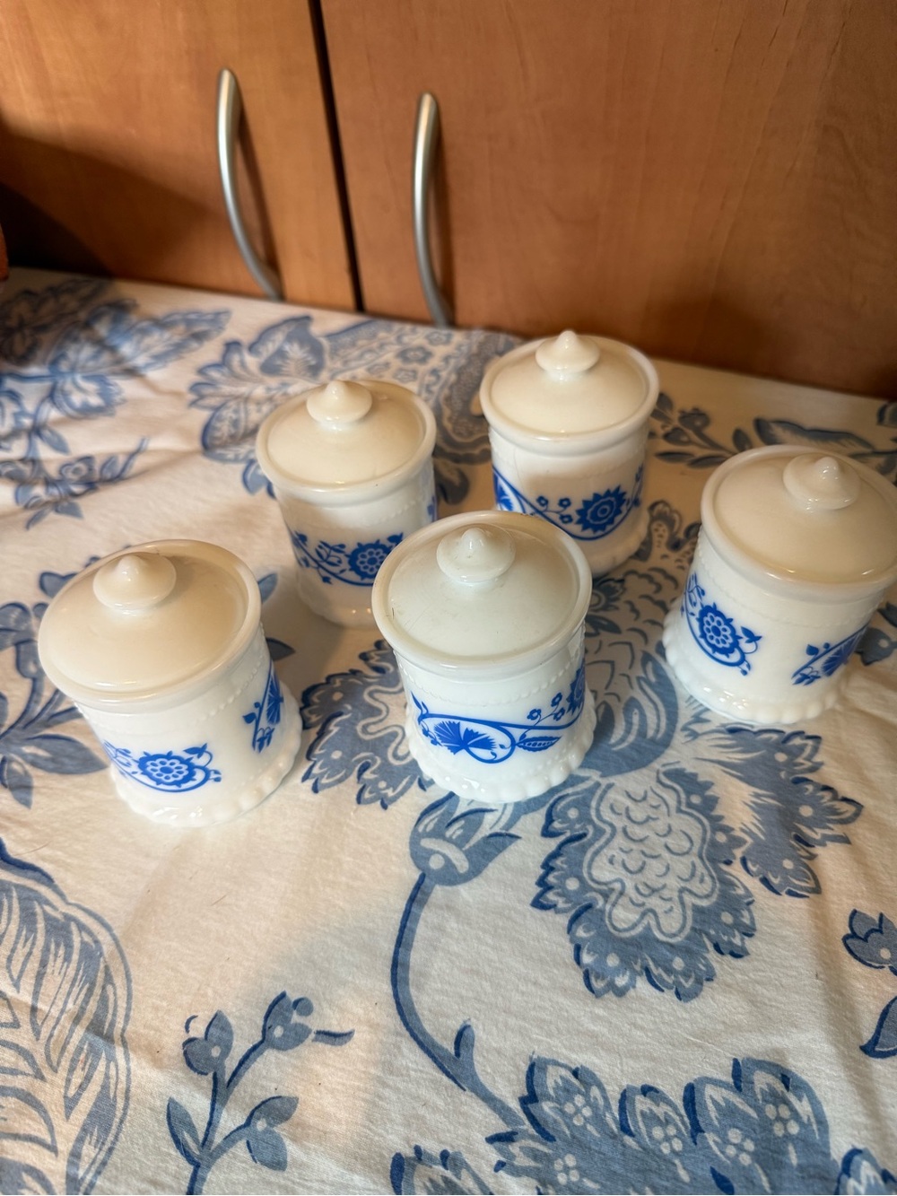 Set Of 5 Vintage Hazel Atlas Milk Glass Blue Floral Pattern Jar with Lid Trinket